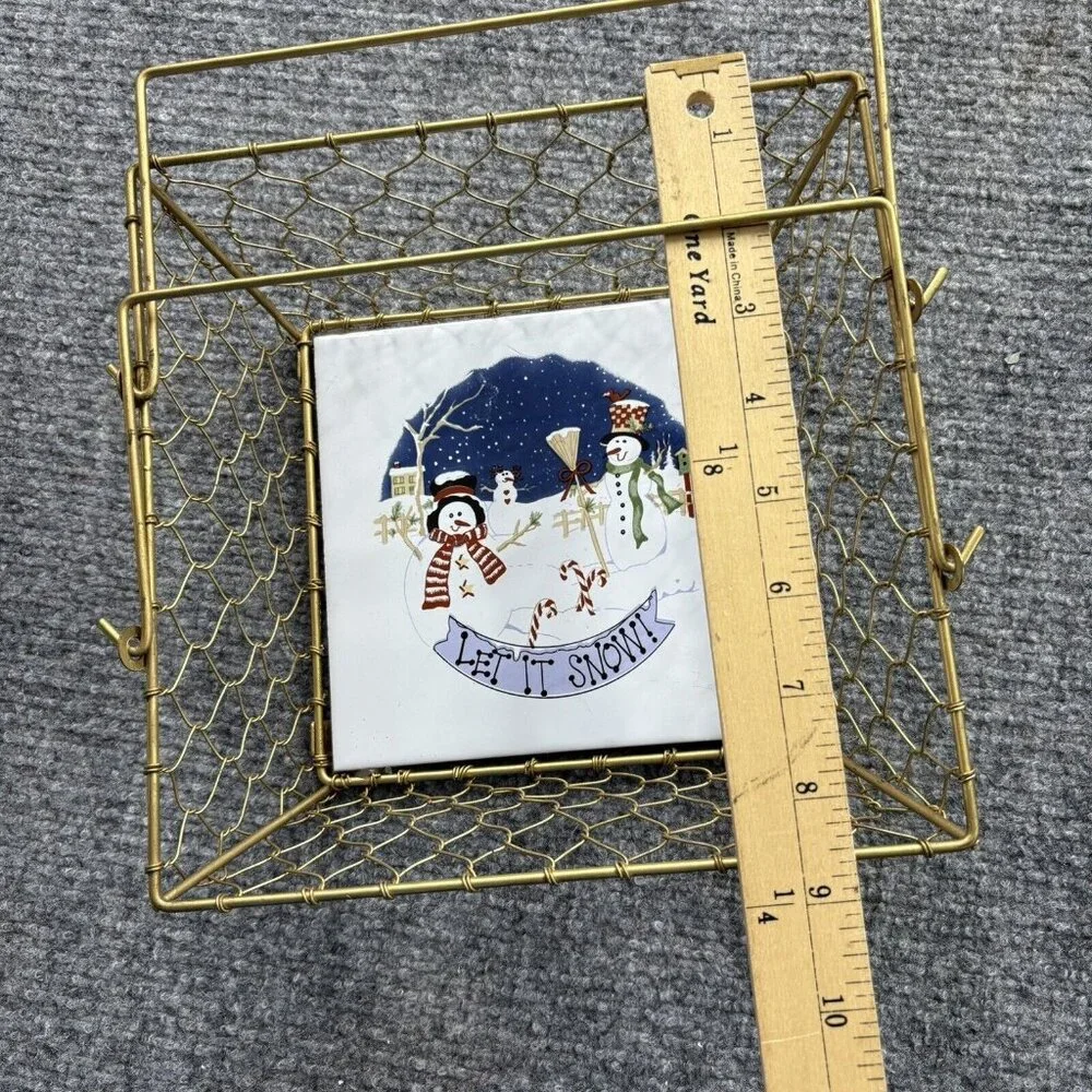 Christmas Basket Gold Wire Snowmen Bottom Tile Let It Snow Holiday Y2K Farmhouse